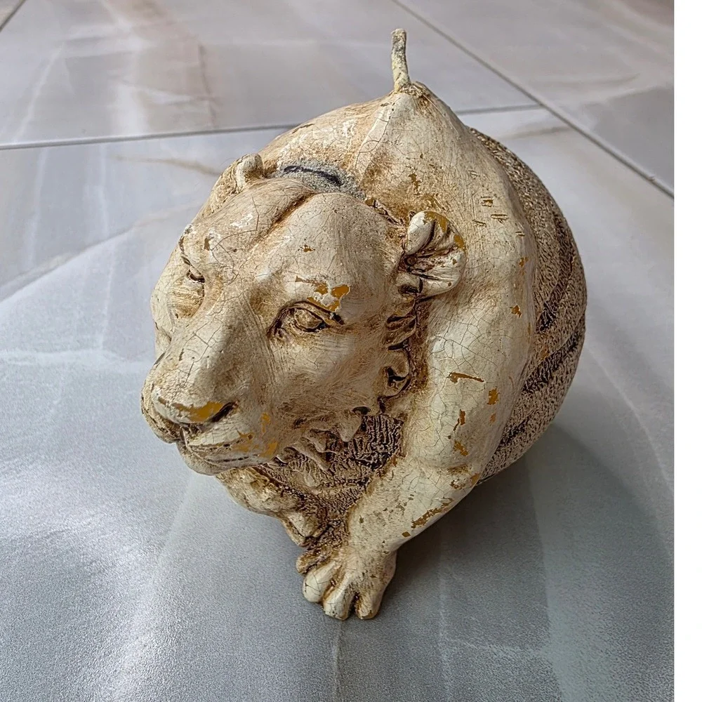 Vintage Sculpted Tiger Head Sphere Candle Cream Tan Textured Safari Decor P4‎